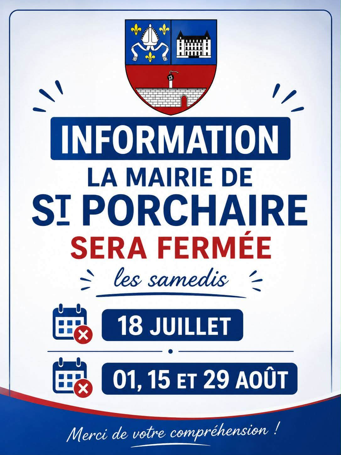 Affiche fermeture mairie 01, 15 et 29 août
